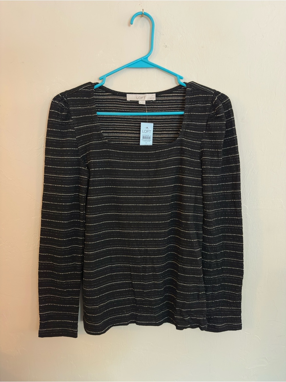 LOFT Black Top with Silver Metallic Stripes - Square Neck Long Sleeve
